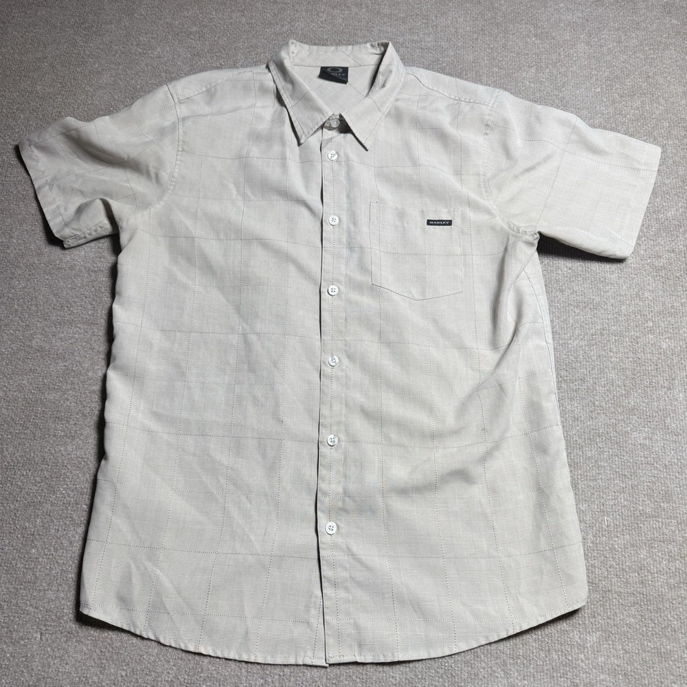 Oakley Mens Large Beige Cream Plaid Button Up Shirt Short Sleeve L Check Logo